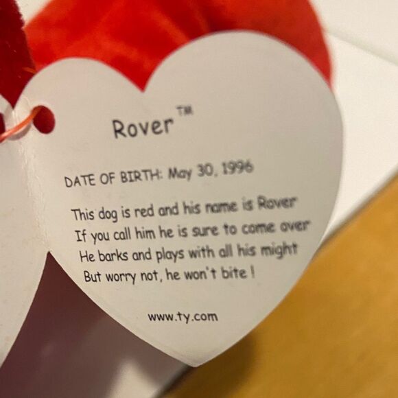 Ty Beanie Baby Rover 1996 Plush Red Dog Toy, 1NN - Picture 3 of 3